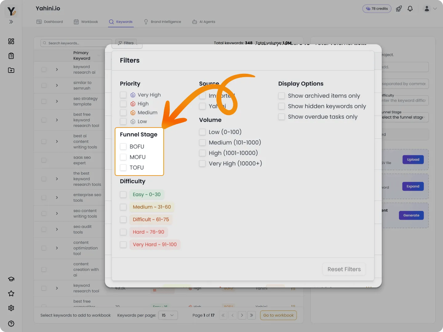 Yahini funnel stages keyword clusters screenshot