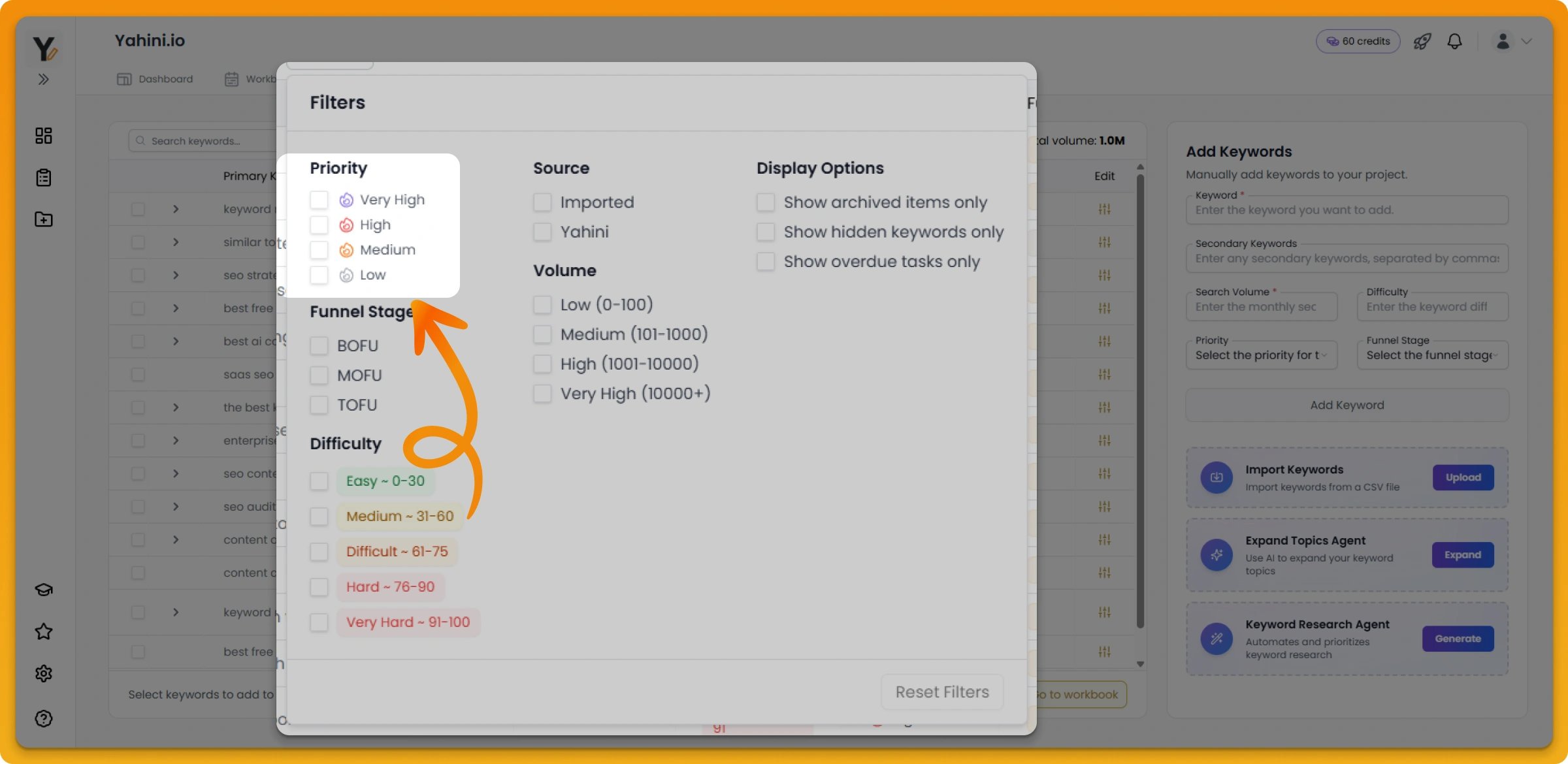 Yahini app keywords priority scores screenshot