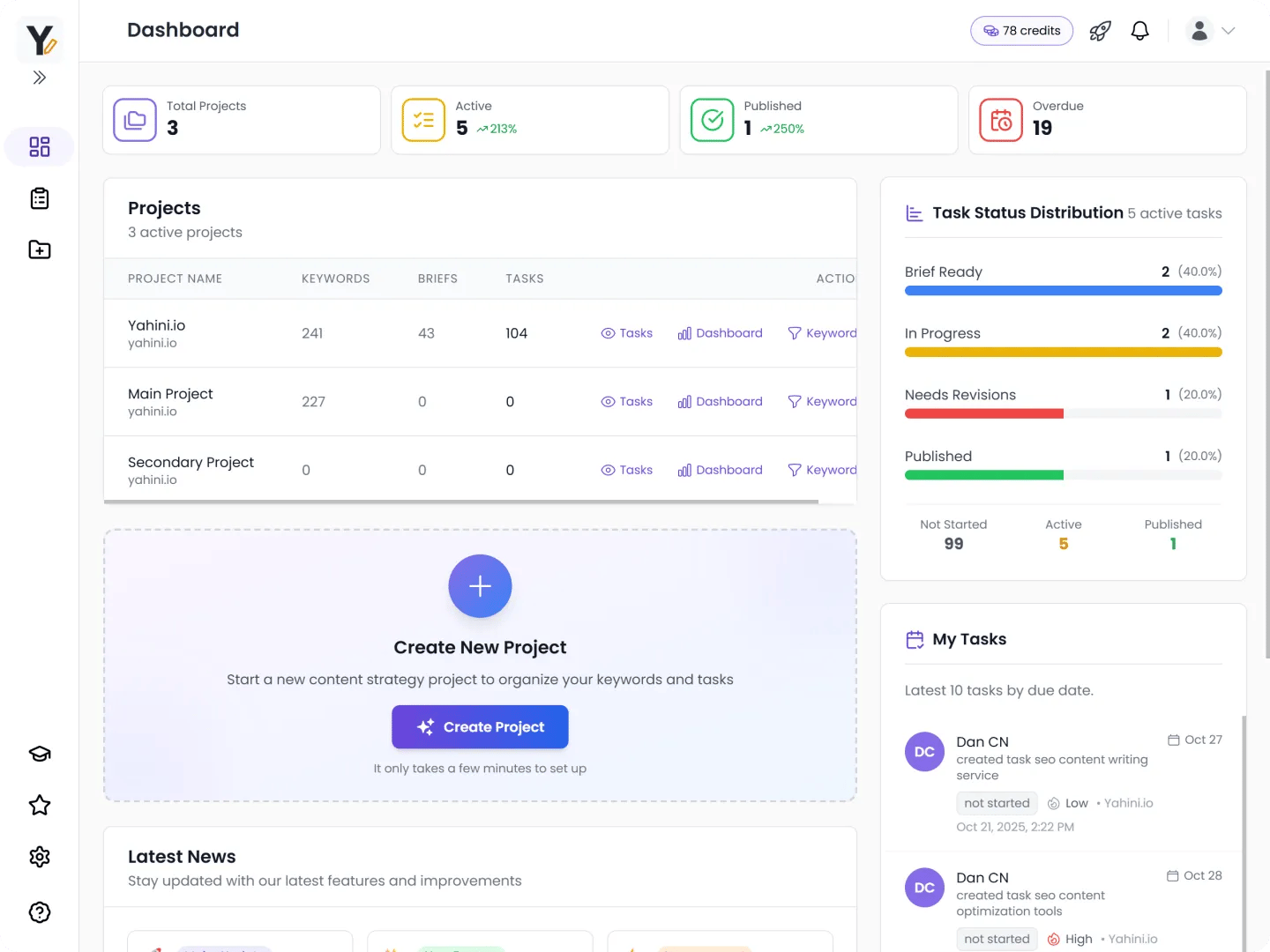 Yahini main dashboard screenshot