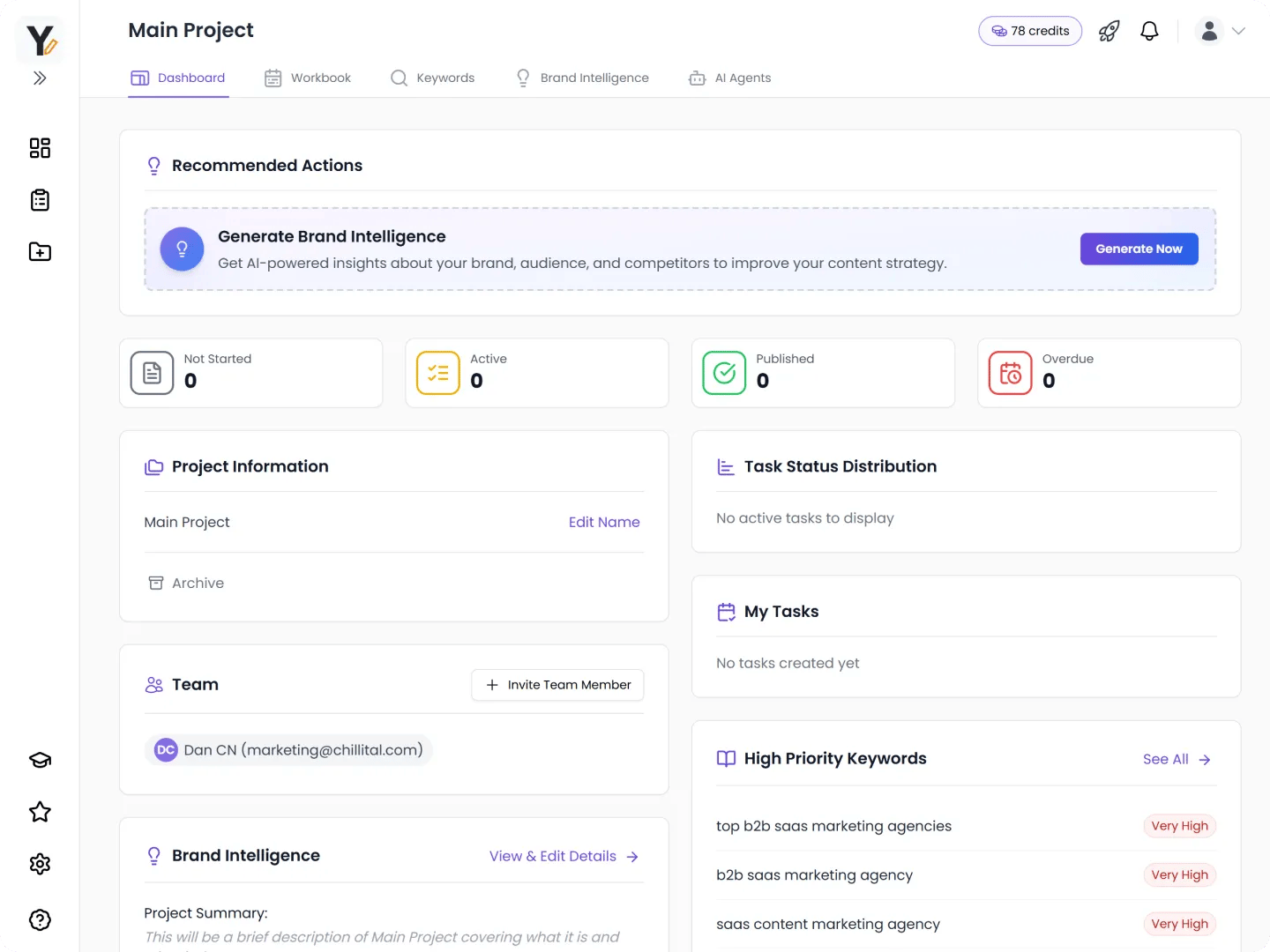 Yahini project dashboard without brand intelligence screenshot